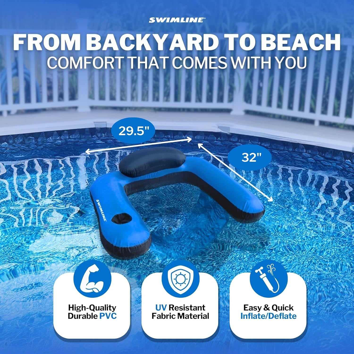 SWIMLINE Original Fabric Covered Inflatable Pool Lounger | with Comfortable Sling Seat, Back Rest, and Built in Cup Holder | for Pool, Beach, Lake, and More