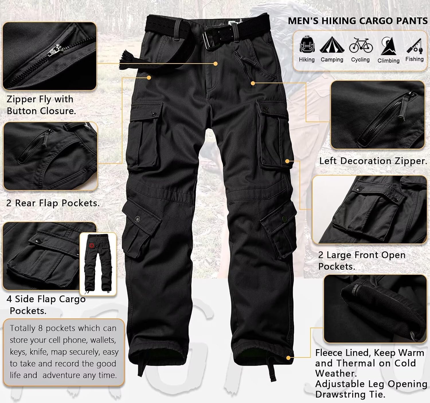 TRGPSG Men's Fleece Lined Hiking Cargo Pants