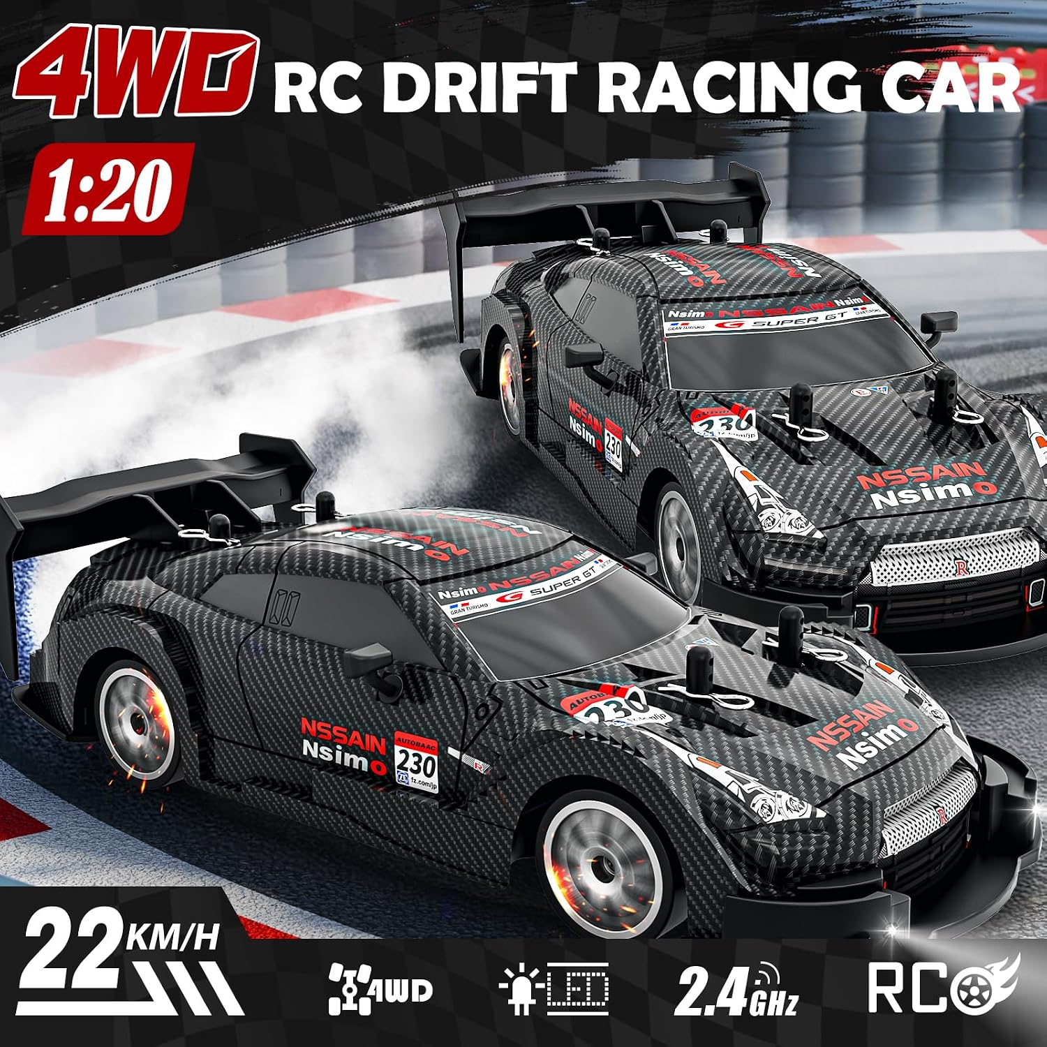 RC Drift Car 1:20, High Speed 4WD Remote Control Car with Cool Lighting, 30km/h Racing RC Drifting Cars, Gifts for Adults, for Drift and Race