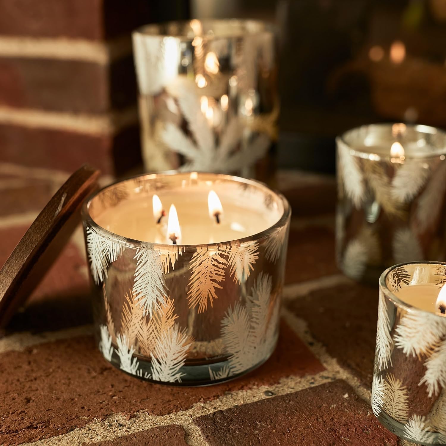 Thymes Frasier Fir Candles - Statement Collection - Silver with Pine Needle Design - Scented Candles for Home Decor - Notes of Siberian Fir Needles, Cedarwood & Sandalwood - Large 4 Wick (40 oz)