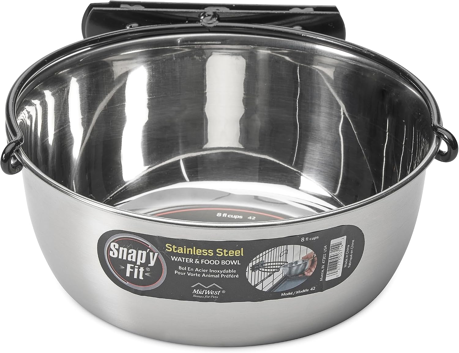 MidWest Homes for Pets Snap'y Fit Stainless Steel Food or Water Bowl, Holds 1 Quart, Mounts to Wire Crates, No-Tip Design, Rust-Resistant, for Dogs and Cats