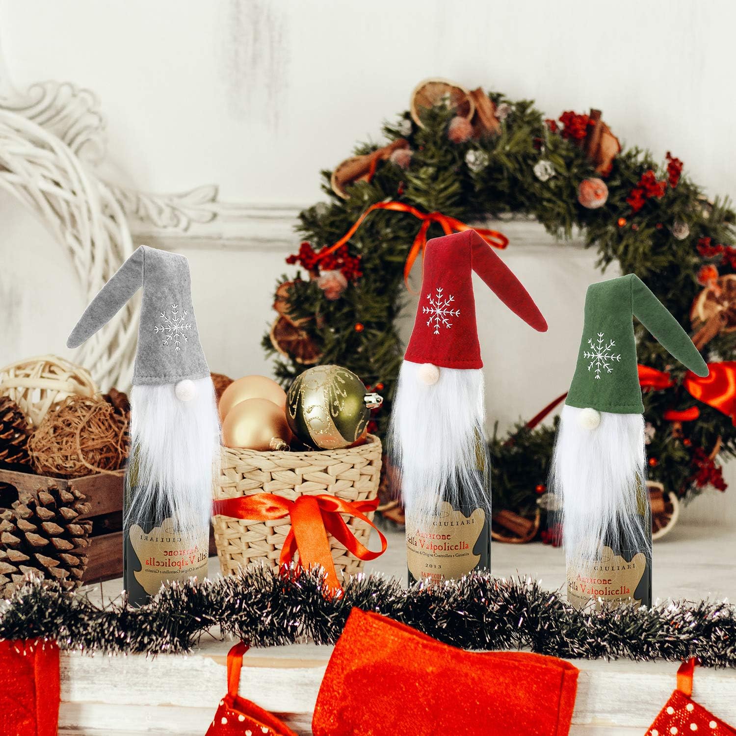 Boao 6 Sets Christmas Gnome Wine Bottle Covers Knit Toppers Party,Style 9