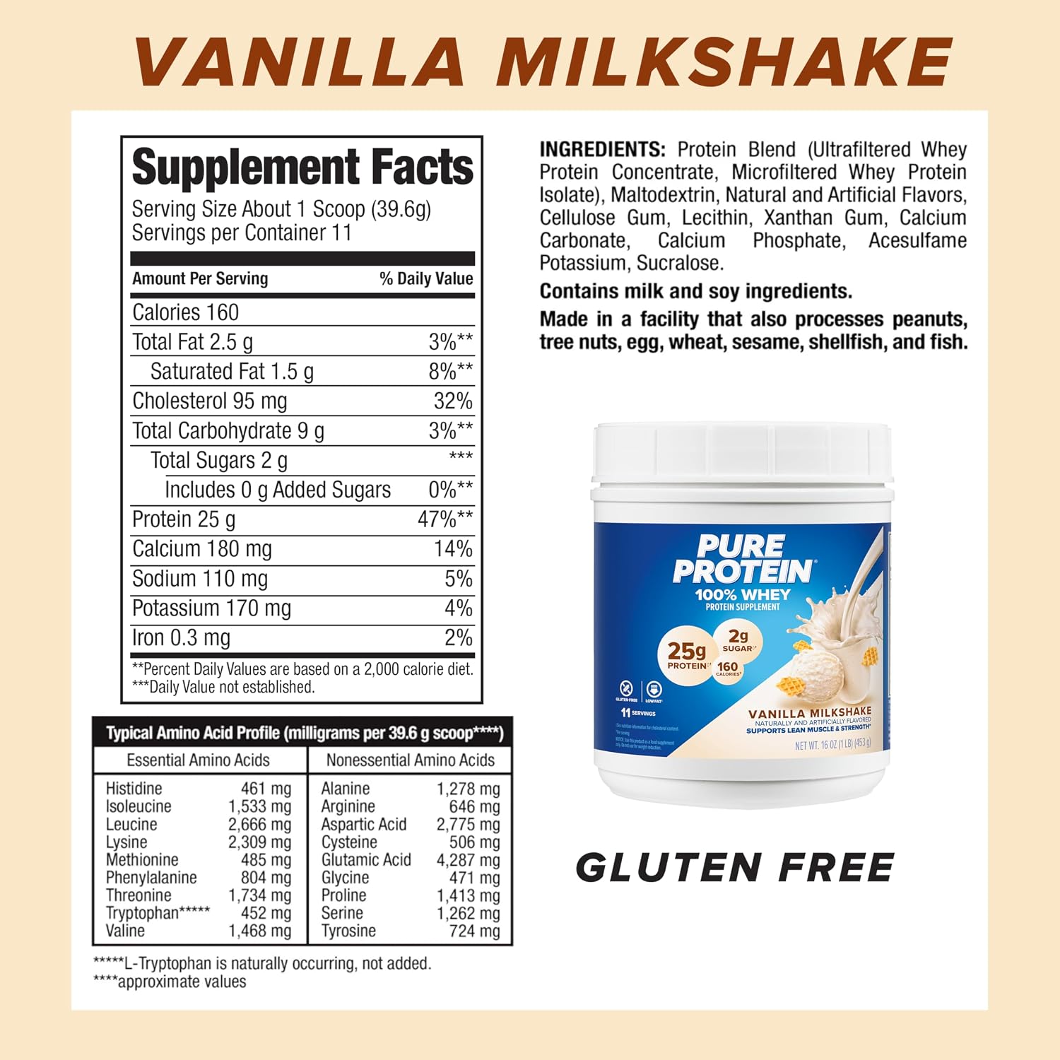 Pure Protein Powder, Vanilla Cream, Low Sugar, Gluten Free, 1 lb, Whey | High Protein