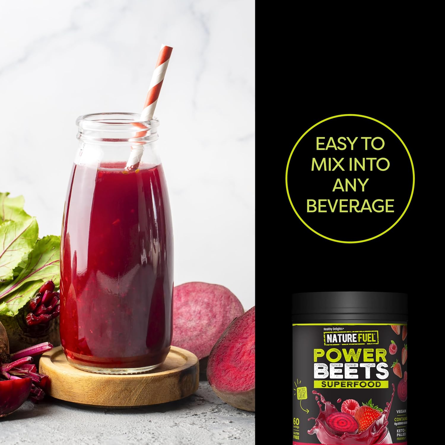 SlimFast Nature Fuel Power Beets Powder, Delicious Mixed Berry, 60 Servings | Concentrated Superfood Supplement, Non-GMO
