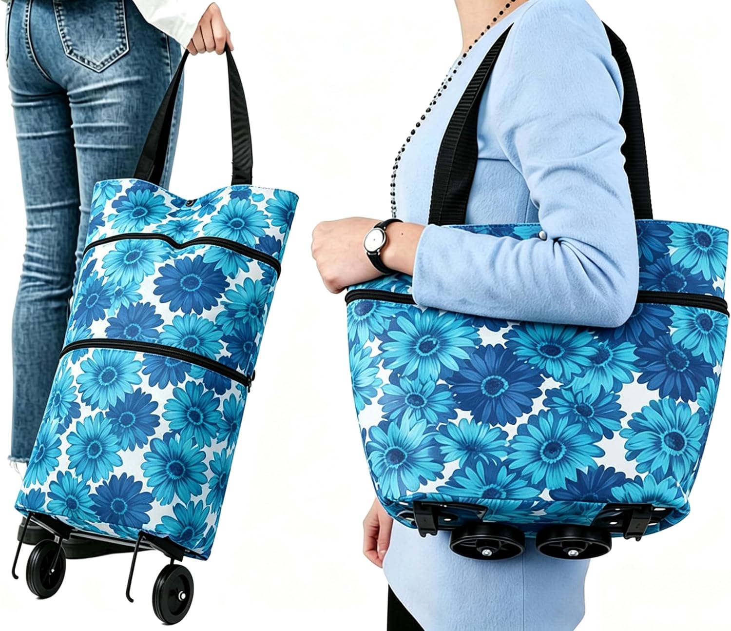 Collapsible Shopping Bag with Wheels Portable Shopping Cart with 360° Swivel Wheels Rolling Tote Bag Reusable Grocery Bag Trolley Bag on Wheels for Travel Shopping and Daily Use(Blue)