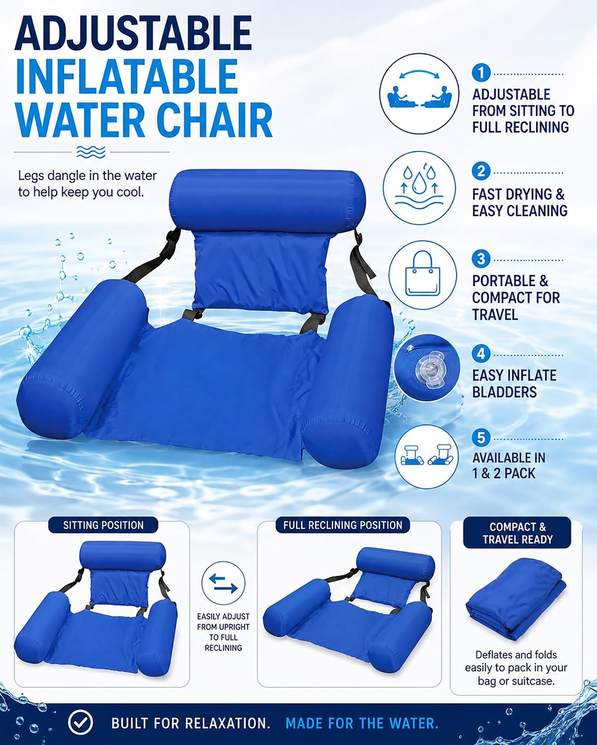 Poolmaster Water Chair Inflatable Swimming Pool Float Lounge, Blue