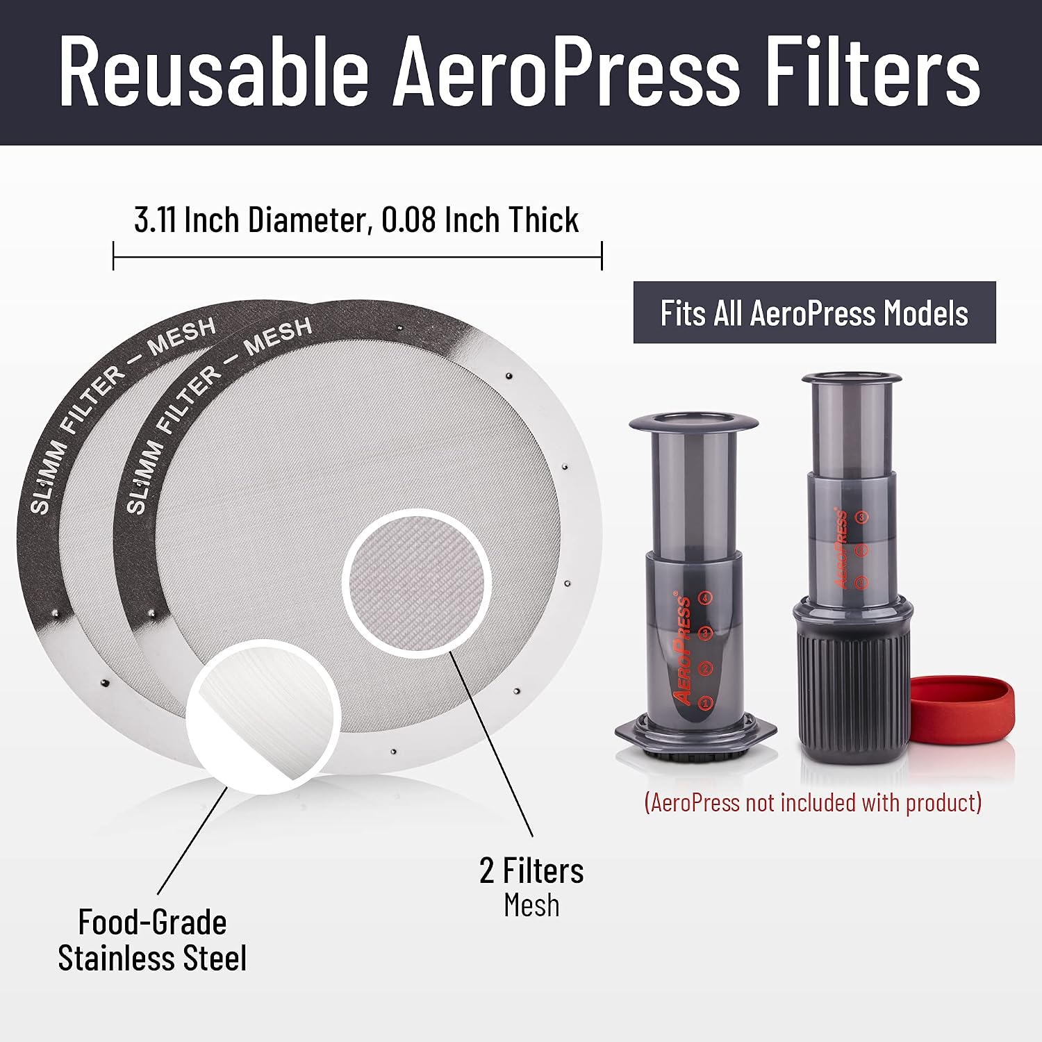 Stainless Steel Filter for AeroPress, 3 Reusable Metal Discs | Mesh, fine and ultra-fine discs. Tune body and clarity per brew. No paper waste. Reusable for years.