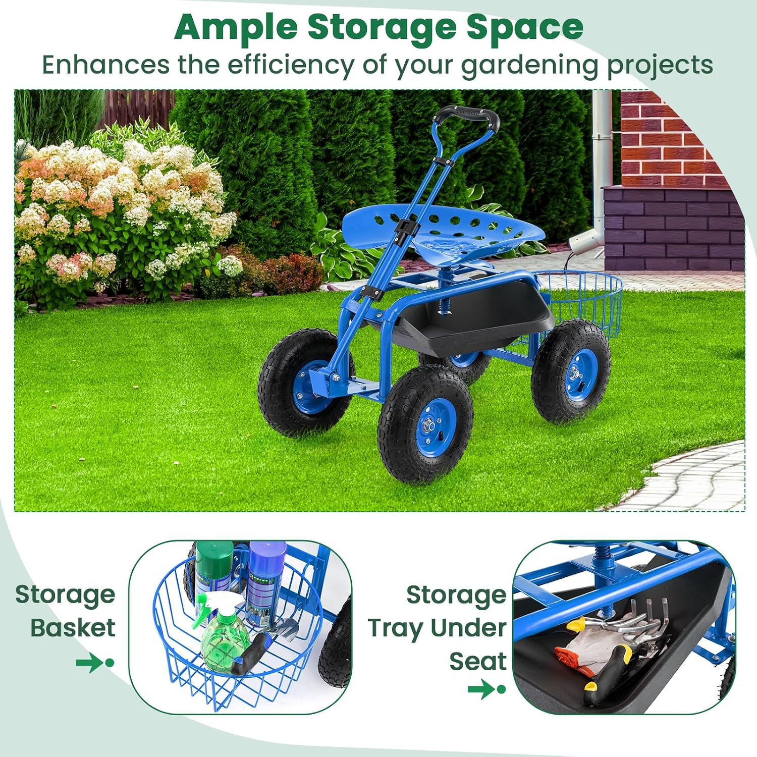 Giantex Rolling Garden Cart with Seat, 4-Wheel Gardening Workseat with Storage Basket, Swivel Stool Adjustable Seat, Steering Handle