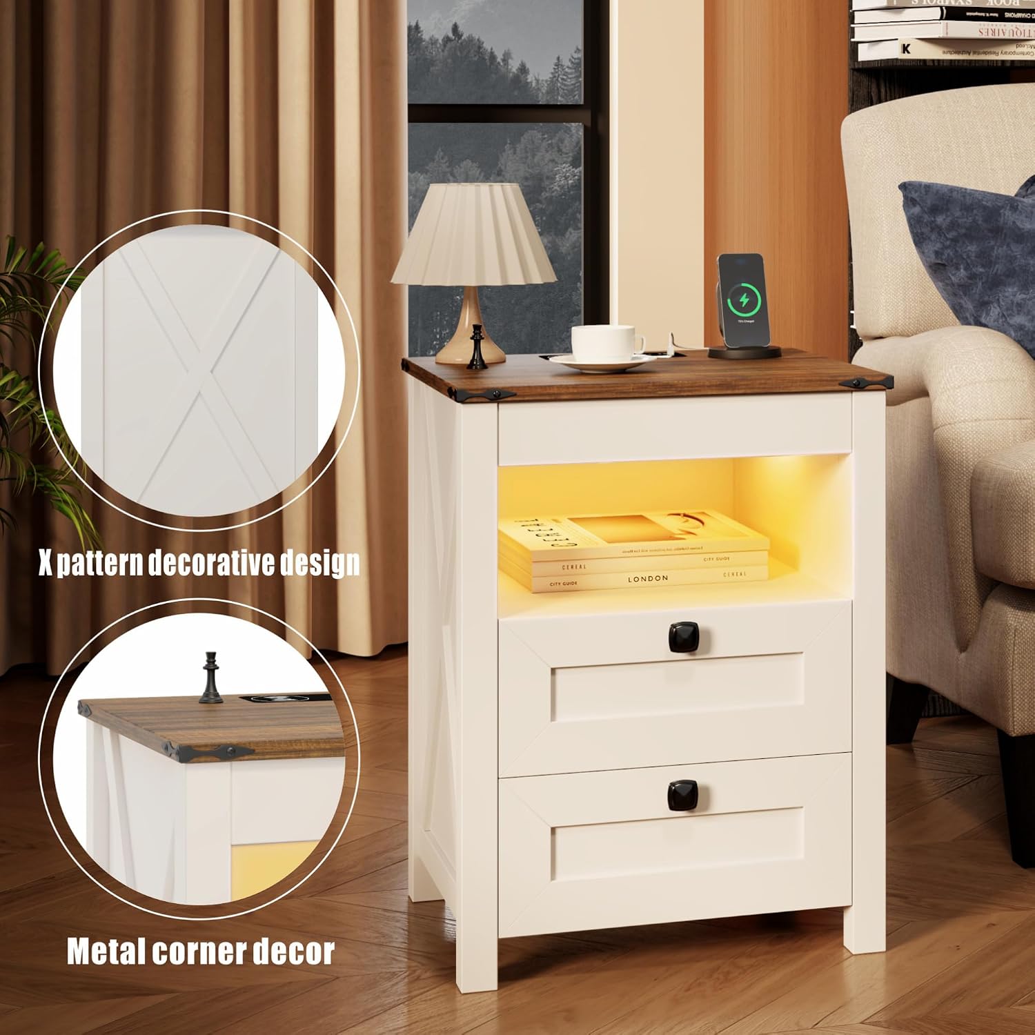 Farmhouse LED Nightstand with Gun Drawer&Invisible Lock,Modern Bedside Table with Human Sensor Design,Rustic Side Table with Wireless Charging for Living Room, Dark Oak