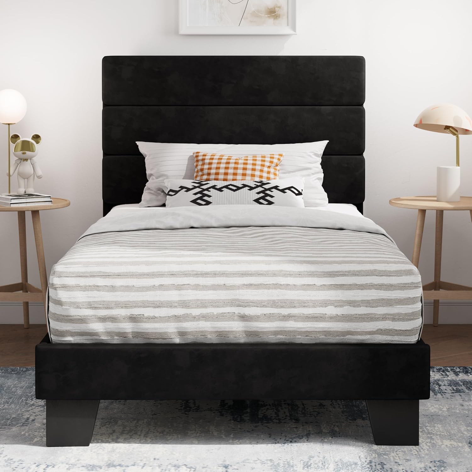 SHA CERLIN Full Platform Bed Frame with Upholstered Fabric Headboard, Grey