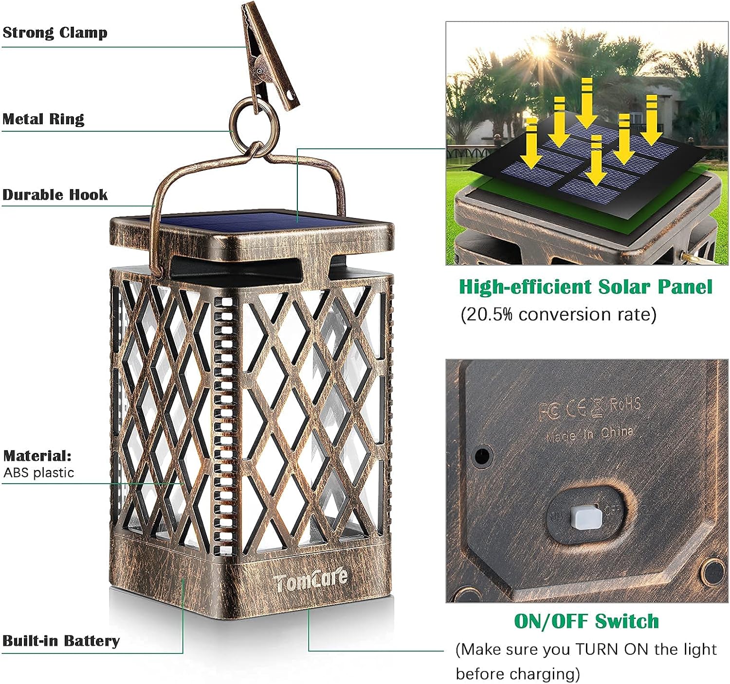 TomCare Solar Lanterns Outdoor, Flickering Flame Hanging Lights, 2 Pack