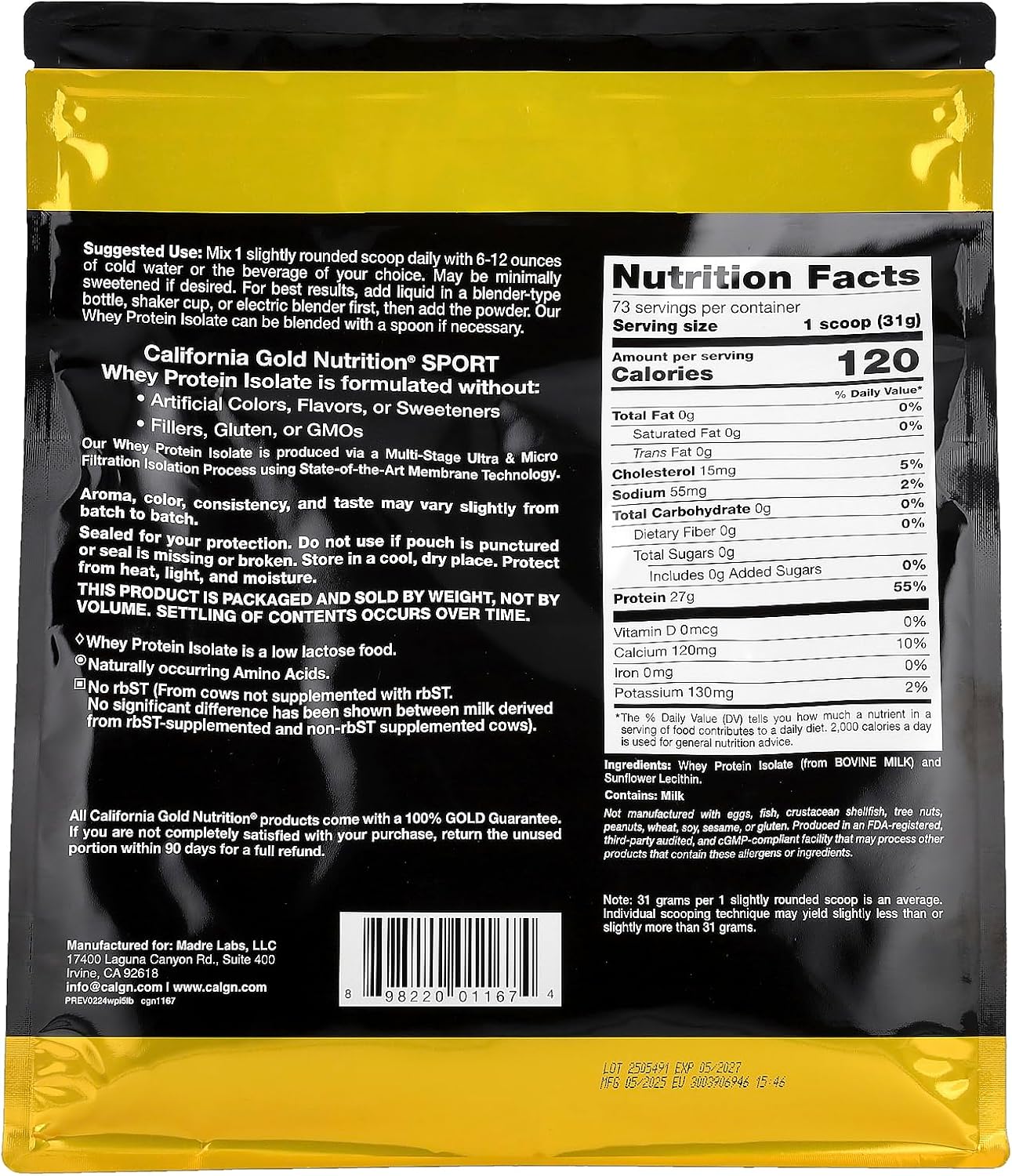 California Gold Nutrition Sport, Whey Protein Isolate, Unflavored, 5 lb (2.27 kg)