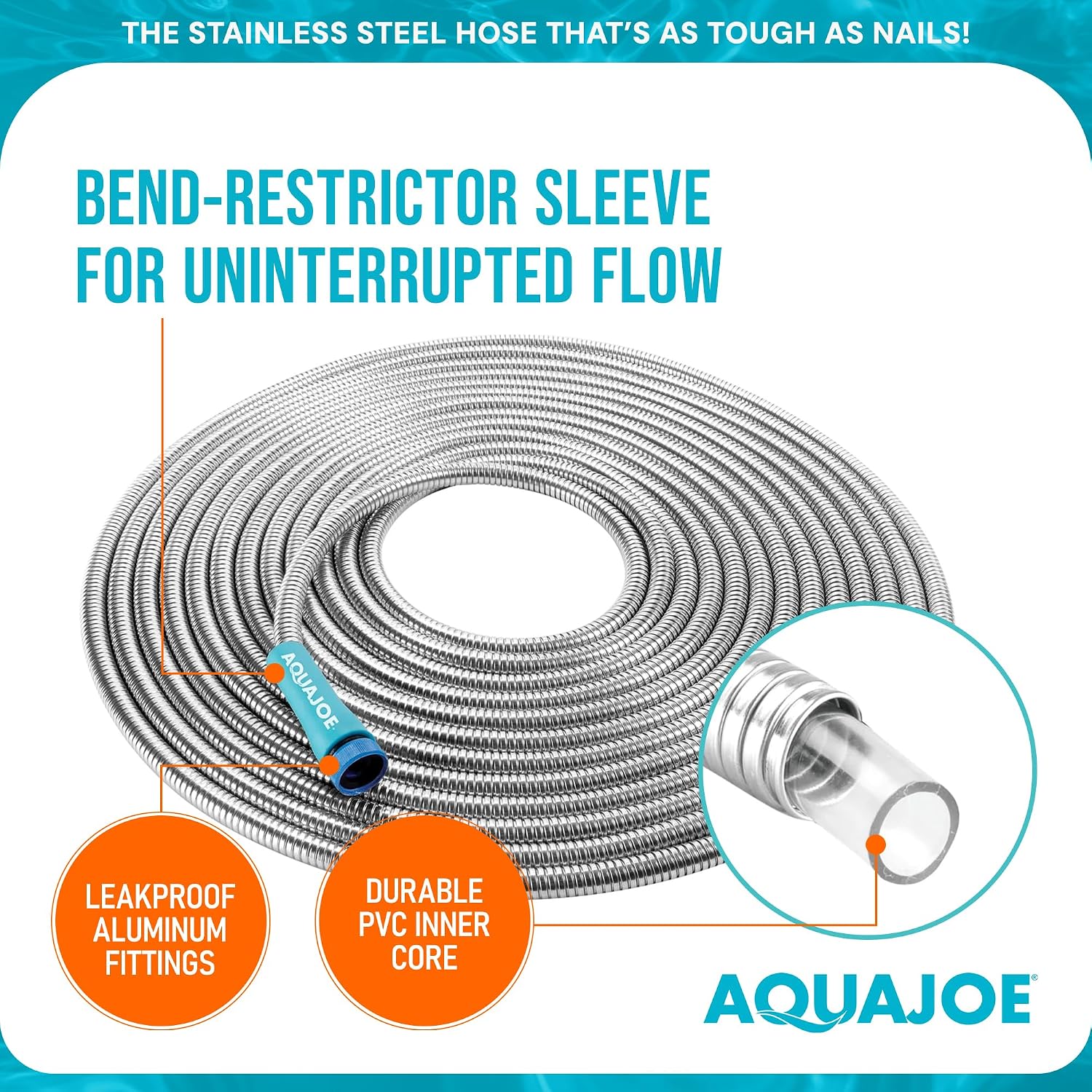 Aqua Joe 50-Foot Heavy Duty Garden Hose, Spiral 304 Stainless Steel Metal Hose, Puncture Proof, 1/2 Inch Diameter with Aluminum Fittings, AJSGH50