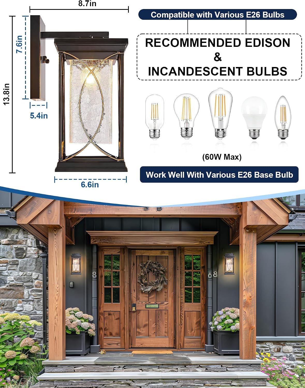 Dusk to Dawn Modern Outdoor Coach Lantern Exterior Light Fixtures Black Aluminum with Crack-Like Glass Waterproof Wall Sconce Mission Outside Light