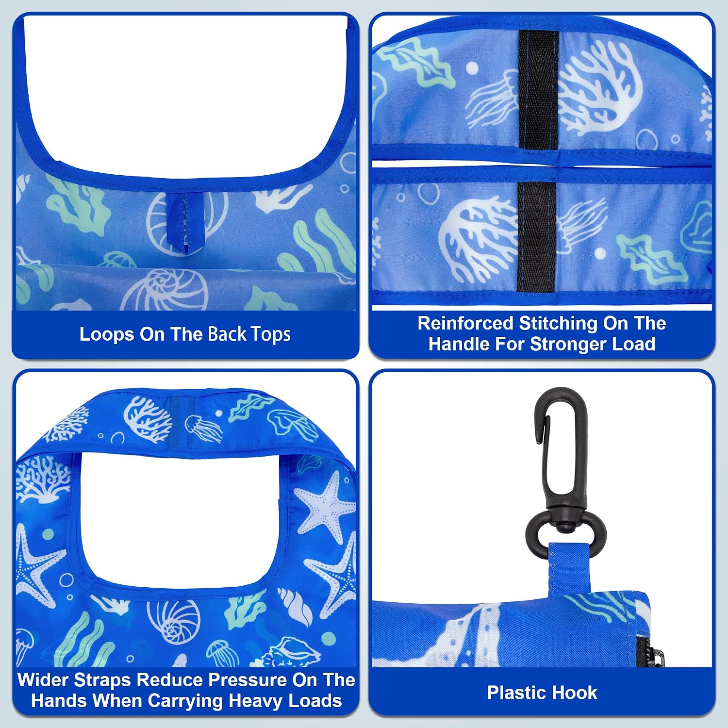 HOLYLUCK Reusable Grocery Bags,Heavy Duty Foldable Shopping Tote Bag (Standard, 3 Blue Geometric Flowers)