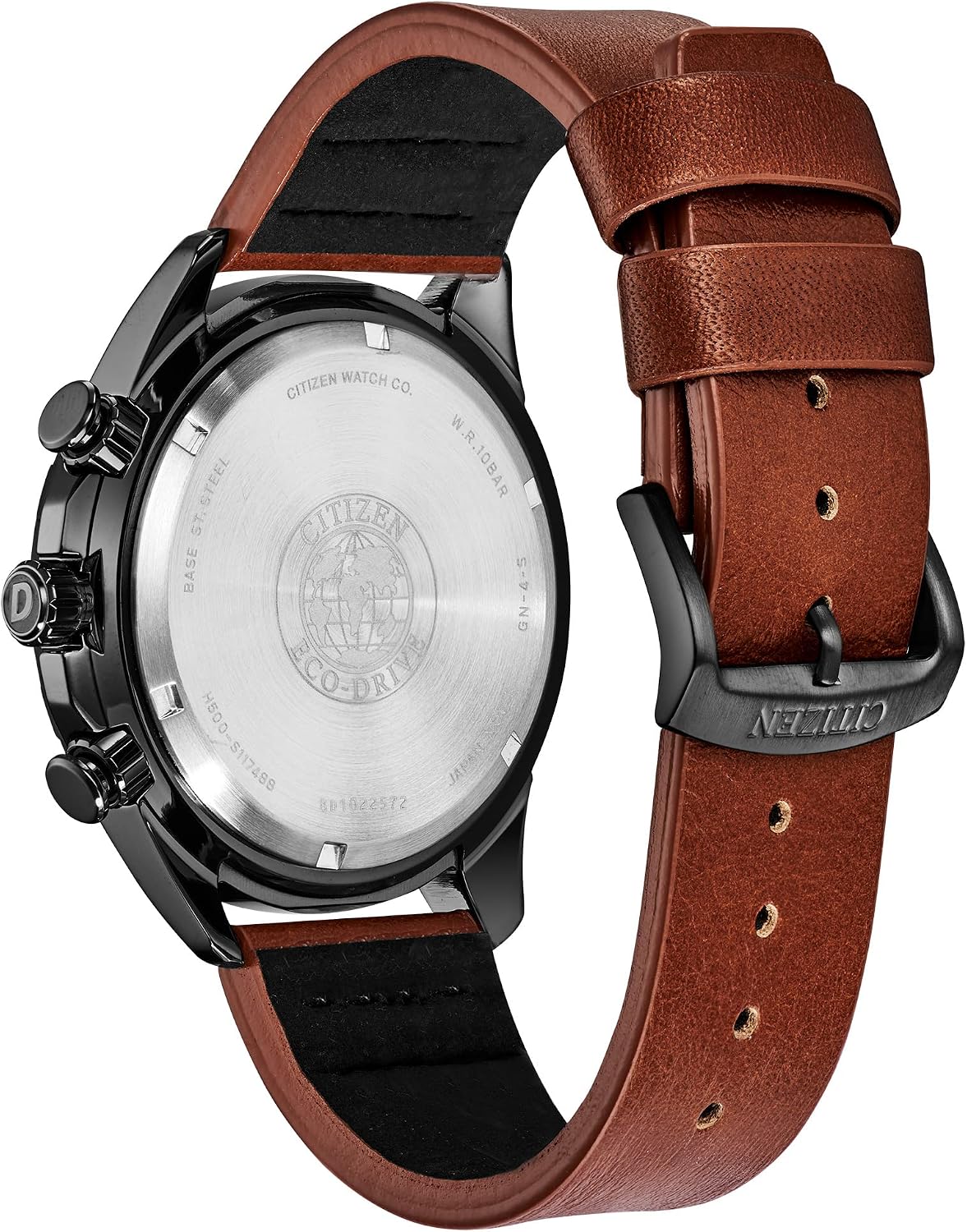 Citizen Men's Eco-Drive Weekender Chronograph Watch in Black IP Stainless Steel with Brown Leather Strap, Black Dial (Model: AT2447-01E)