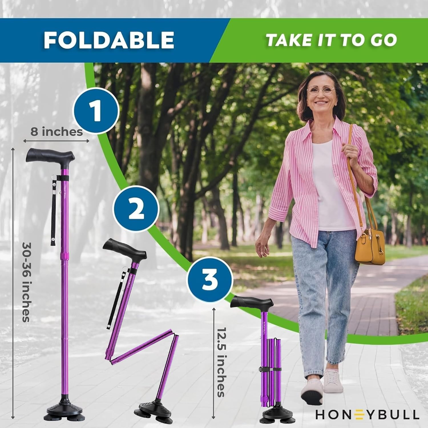 HONEYBULL Walking Cane for Men & Women, Foldable Free Standing Cane | Adjustable height, collapsible design, heavy-duty, pivot base for stable support, ergonomic handle