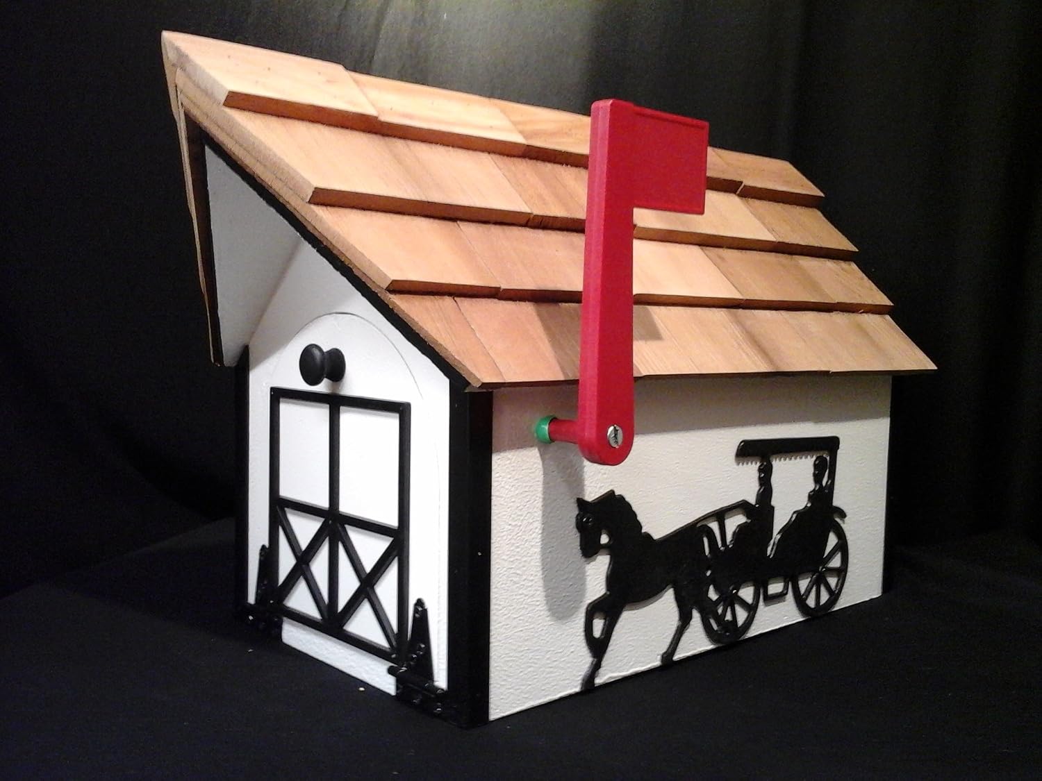 Amish Handmade Handcrafted Rural Mailbox w Flag White Horse & Buggy
