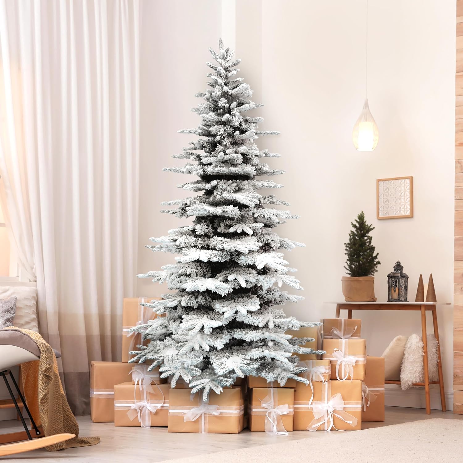 Fraser Hill Farm 7.5-Ft. Mountain Pine Flocked Artificial Christmas Tree with Stand, Unlit Foldable Fake Tree with Realistic Snowy Foliage for Home Decoration
