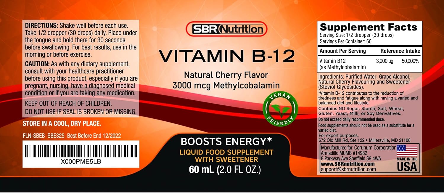 SBR Nutrition Vitamin B12 Sublingual Liquid Drops - Methylcobalamin, VIT B 12 Supports Energy, Max Absorption, 3000mcg Per Serving, 60 Servings