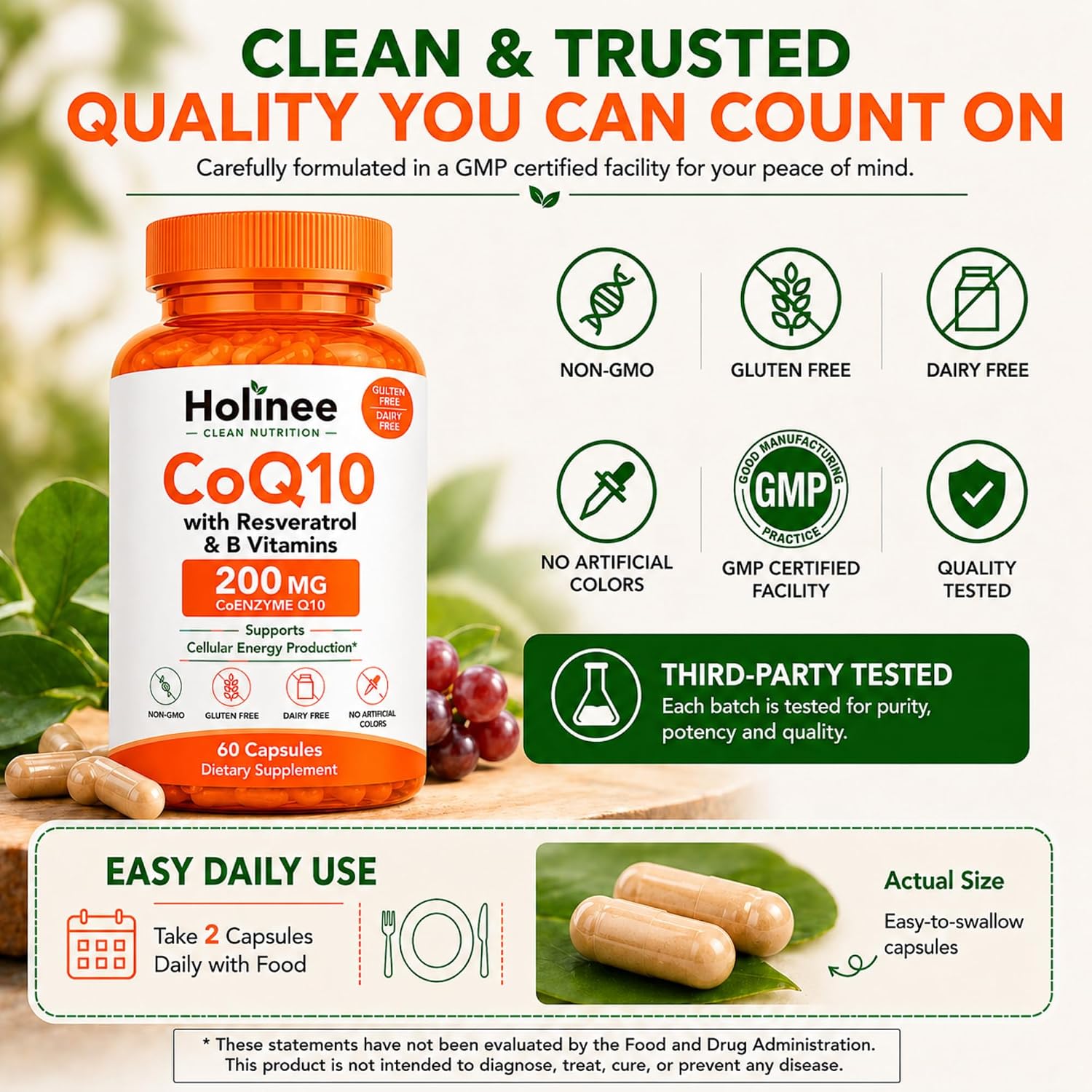 Holinee CoQ10 200mg with Trans-Resveratrol & B Vitamins, 60 Capsules | Enhanced Absorption, Cellular Energy, Antioxidant Support, GMO-Free