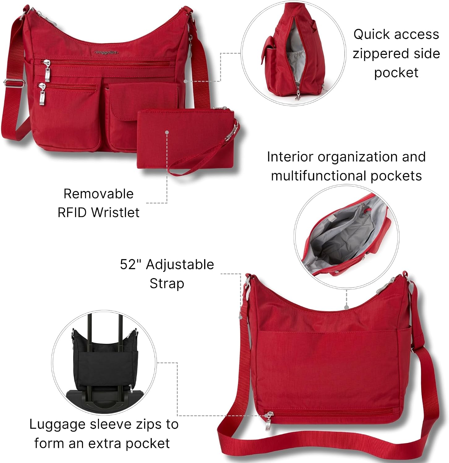 Baggallini womens Everywhere Bagg Crossbody Women 11x9 Lightweight Nylon Hobo Water-resistant Travel Bag W/Rfid
