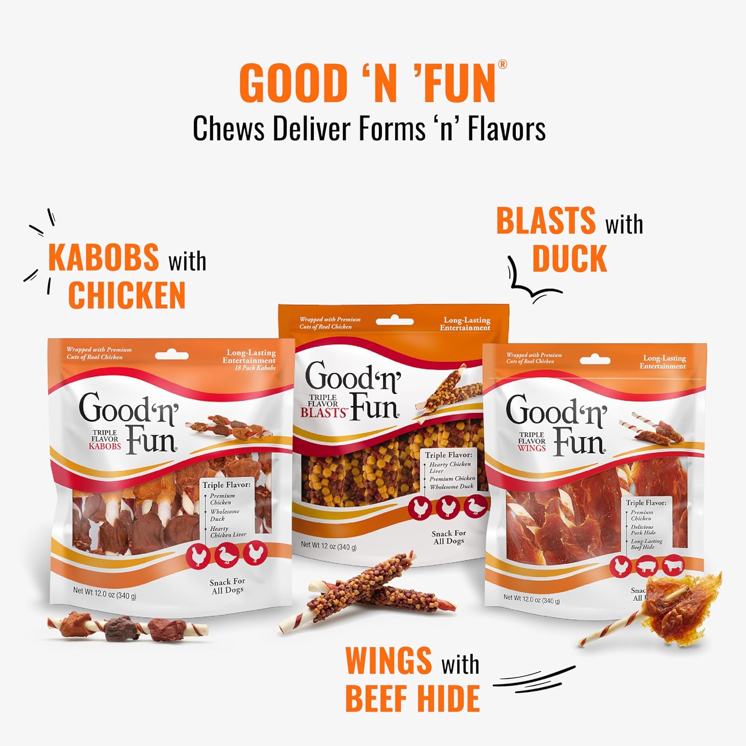 Good 'n' Fun Kabobs Long-Lasting Dog Treat Made With Real Protein, 18 Count | Premium Chicken, Pork and Beef Hide Chew, Supports Dental Health and Mental Stimulation, For Adult Dogs