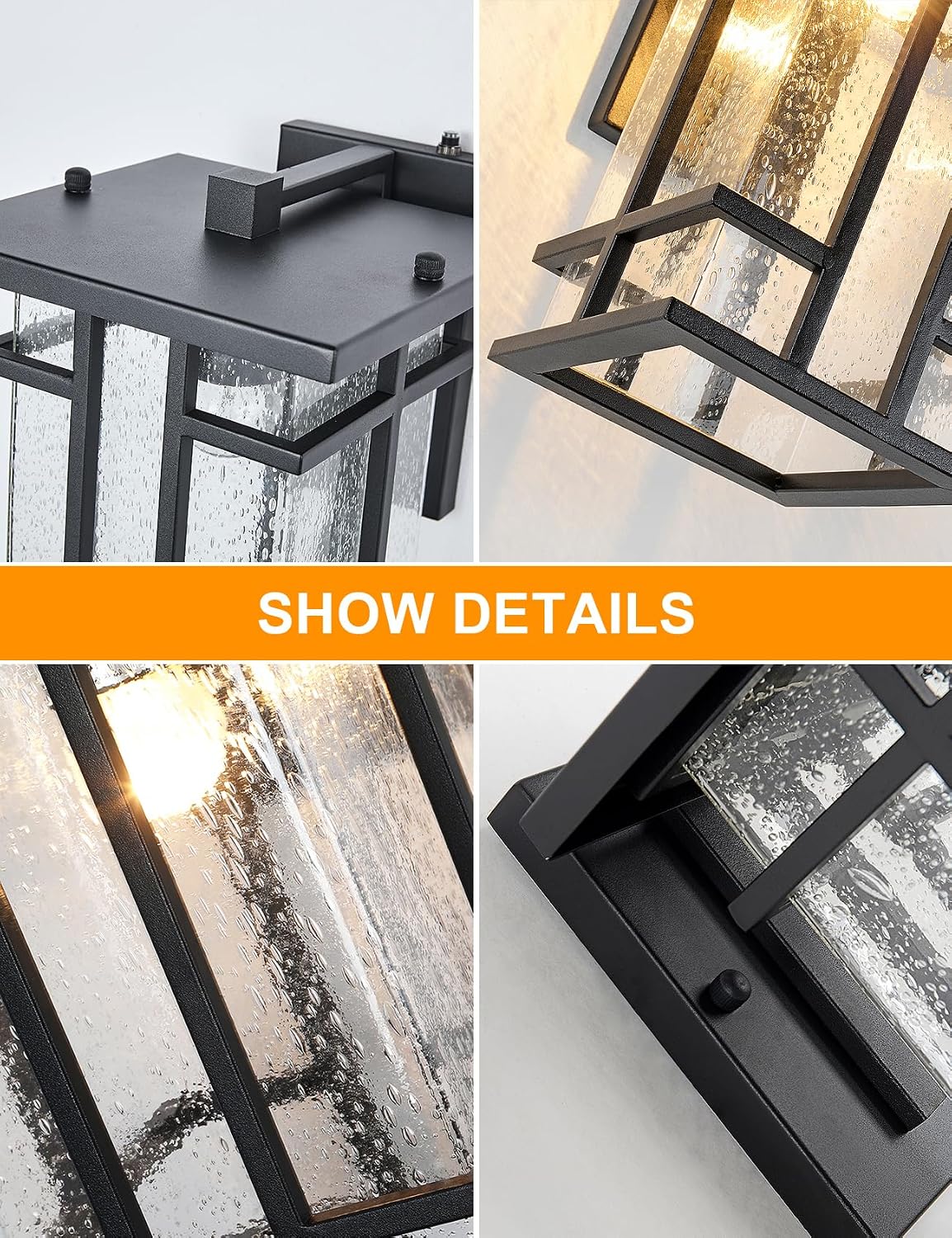 Rustic Dusk to Dawn Outdoor Wall Light Fixture 13.8"H Waterproof Exterior Wall Sconces Black Metal with Seeded Glass Sensor Outdoor Wall Lantern for