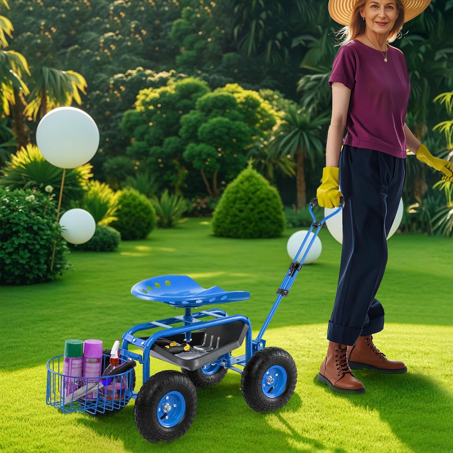 Giantex Rolling Garden Cart with Seat, 4-Wheel Gardening Workseat with Storage Basket, Swivel Stool Adjustable Seat, Steering Handle