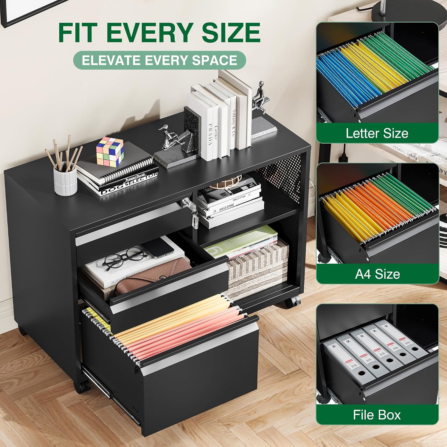 3 Drawer File Cabinet with Lock,Mobile Lateral Filing Cabinet with Side Hook for Letters/Legal/A4, Metal Printer Stand Storage Cabinets with Shelves for Home Office(Black)