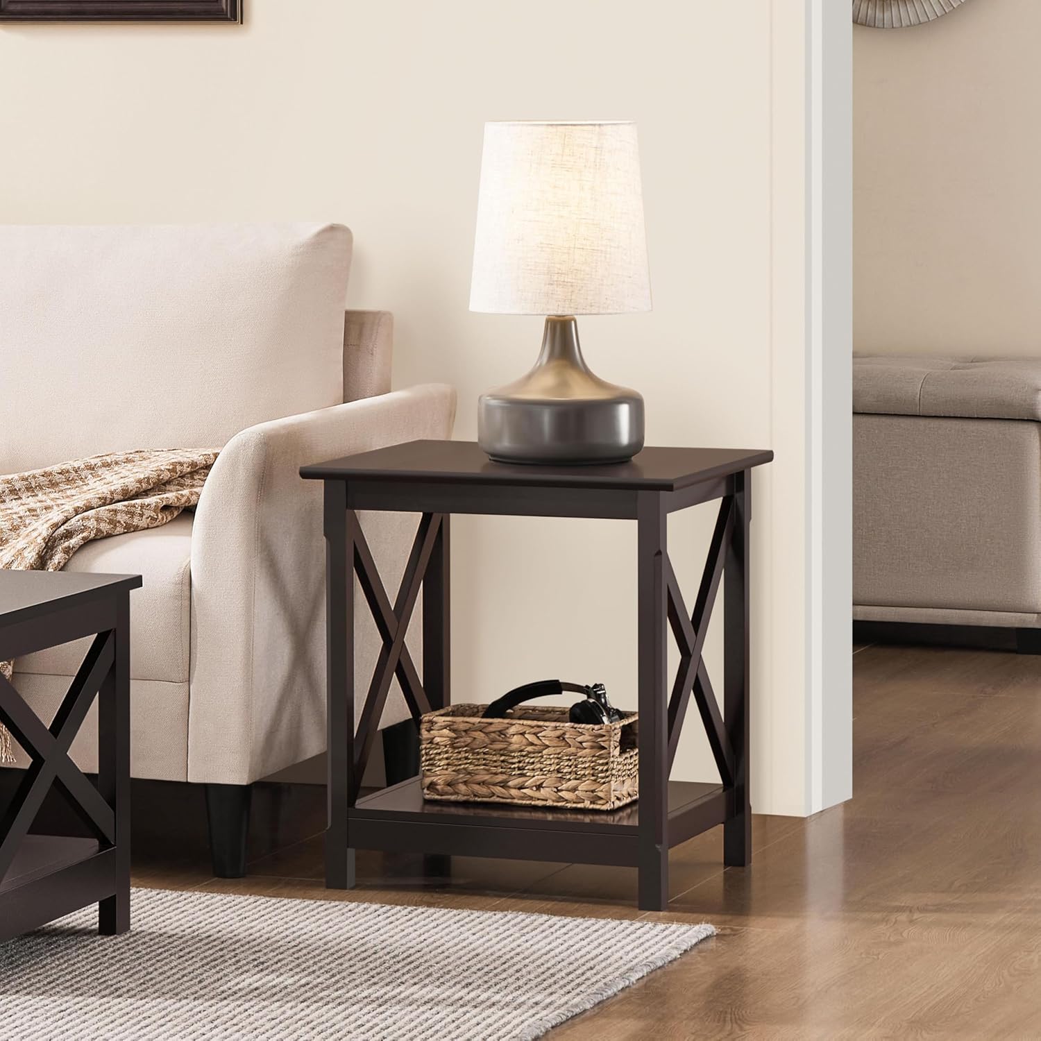 Yaheetech X-Side Frame End Table with 2-Tier Storage Shelf, Espresso