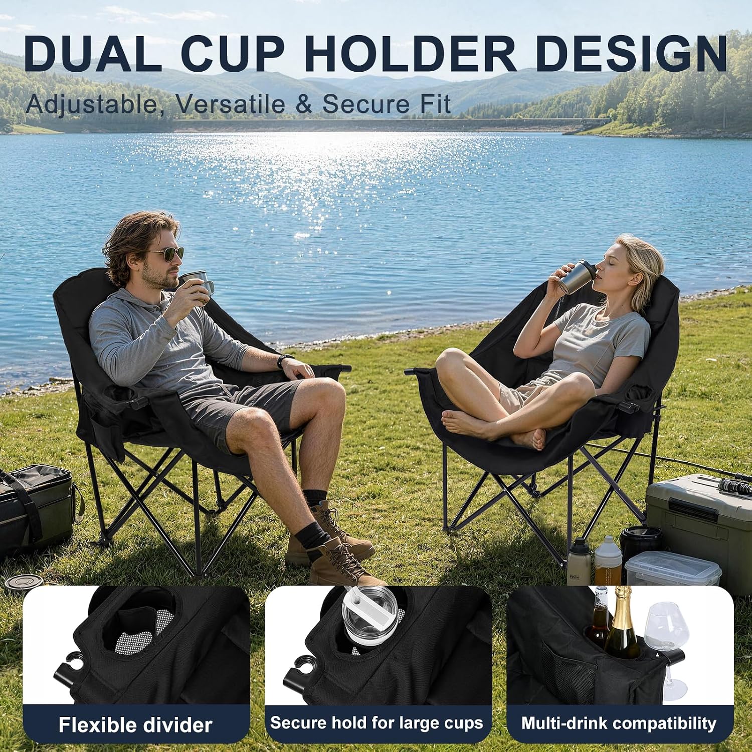 Oversized Camping Chairs for Adult - Heavy Duty Padded Portable Folding Chair XL Collapsible Camp Chair with Cup Holder Side Pocket for Outdoor Lawn Beach Sport Fishing Support 500LBS, Grey