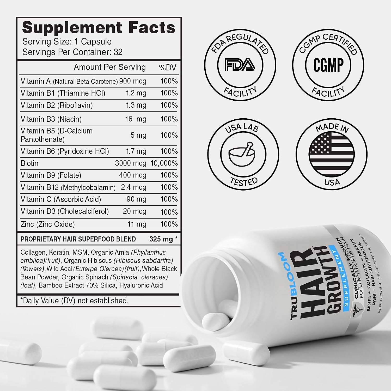 TRU BLOOM Hair Vitamins for Women and Men | Clinically Proven Hair Growth Supplements for Thinning Hair, Hair Loss, Thicker Fuller Hair | Biotin Collagen Keratin, Hair Growth Vitamins with DHT Blocker