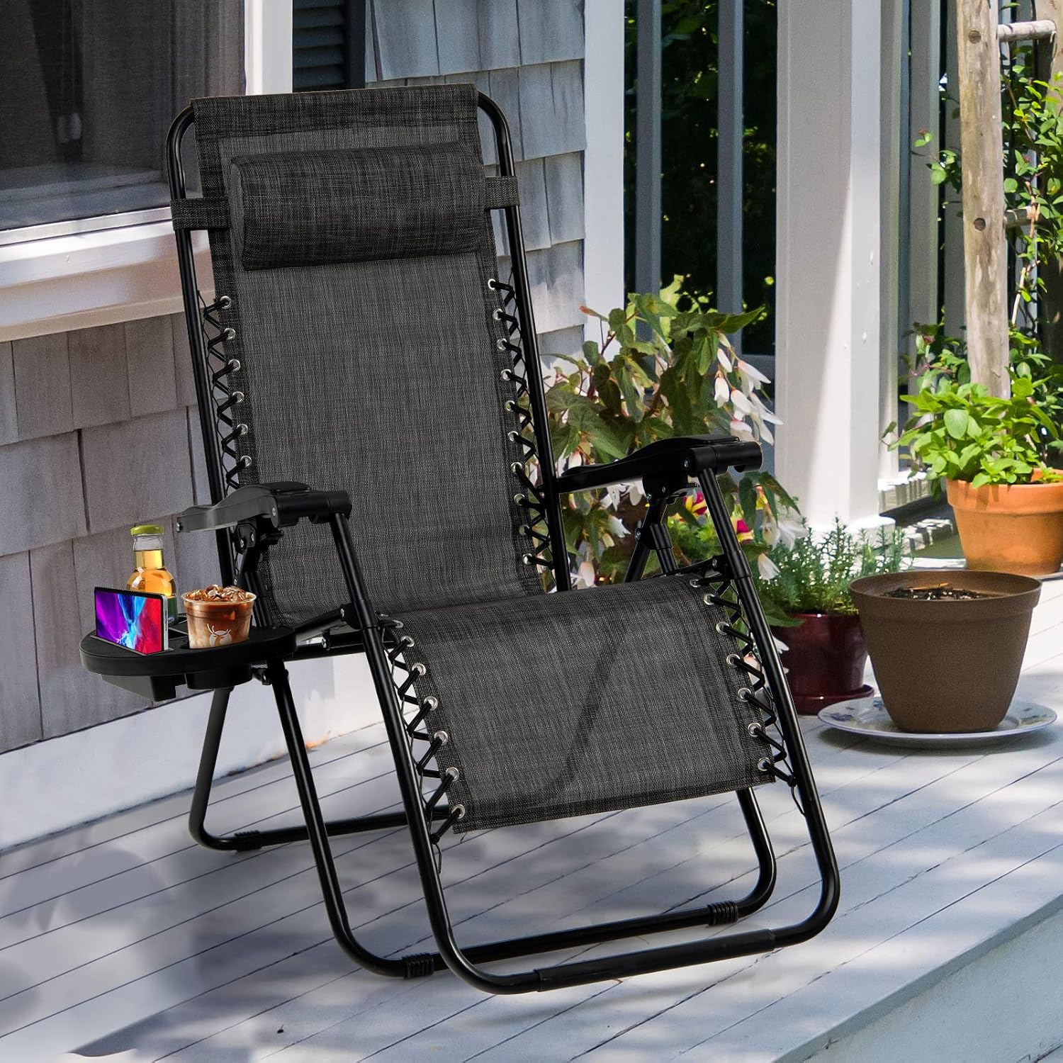 Goplus Zero Gravity Lounge Chairs, 160°Adjustable Folding Recliner w/Pillow and Cup Holder, 350LBS Comfy Outdoor Lounge Chairs for Patio, Lawn, Yard & Camp(1, Gray)