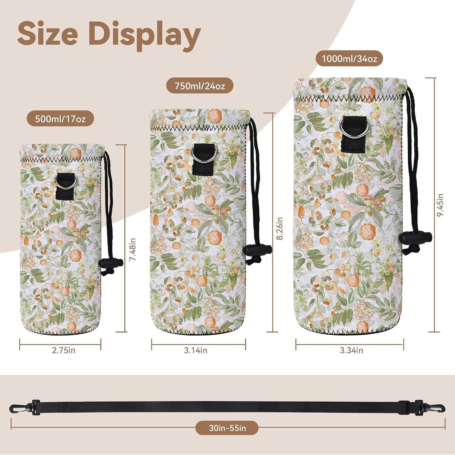 RICHEN Neoprene Water Bottle Carrier Bag with Adjustable Shoulder Strap,Insulated Water Bottle Cover for Stainless Steel/Glass/Plastic Bottles