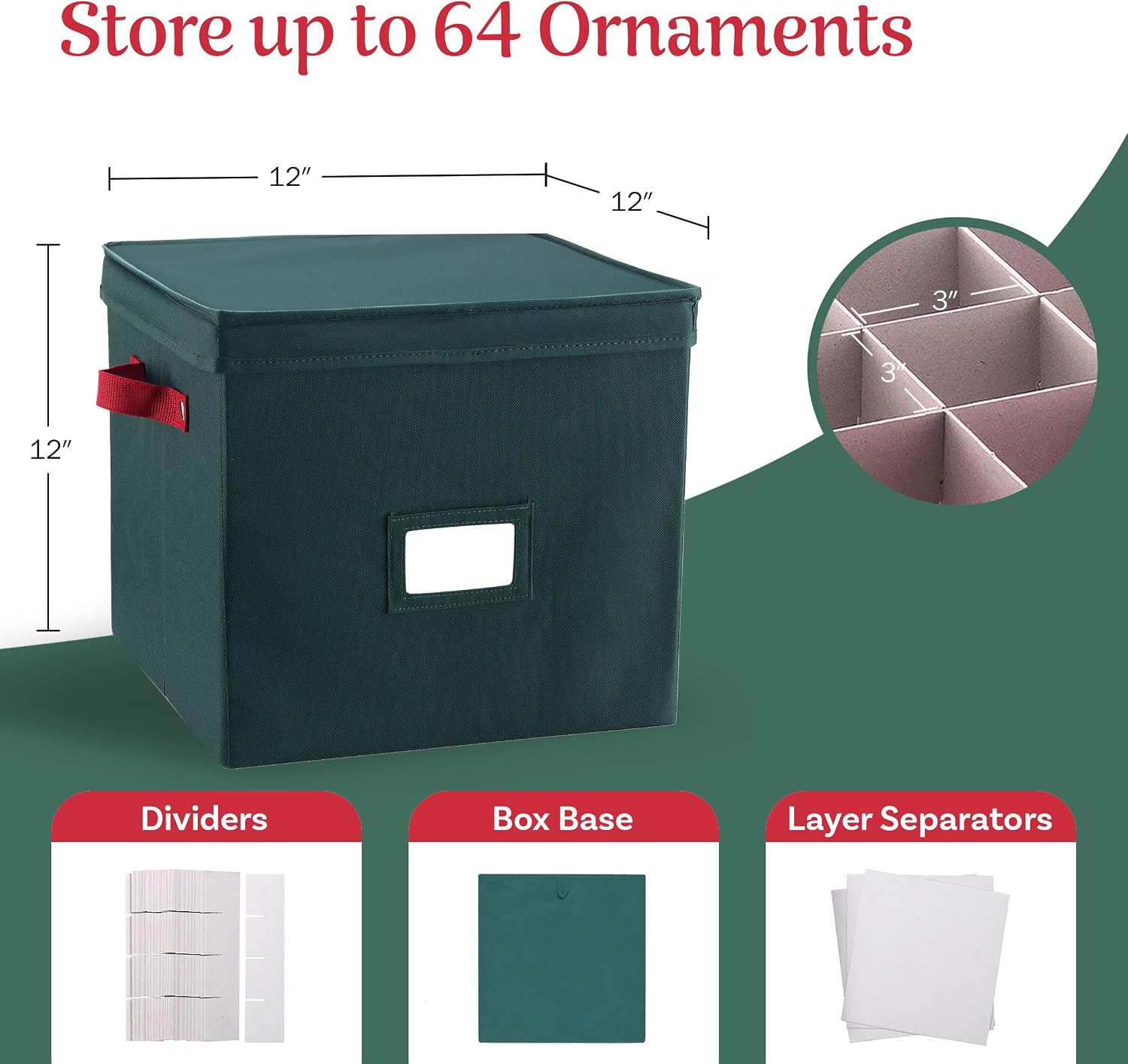 Storage Ornament Box - Holiday Organizer Cube with 64 Individual Compartments and Adjustable Dividers - For Christmas Decorations by Elf Stor