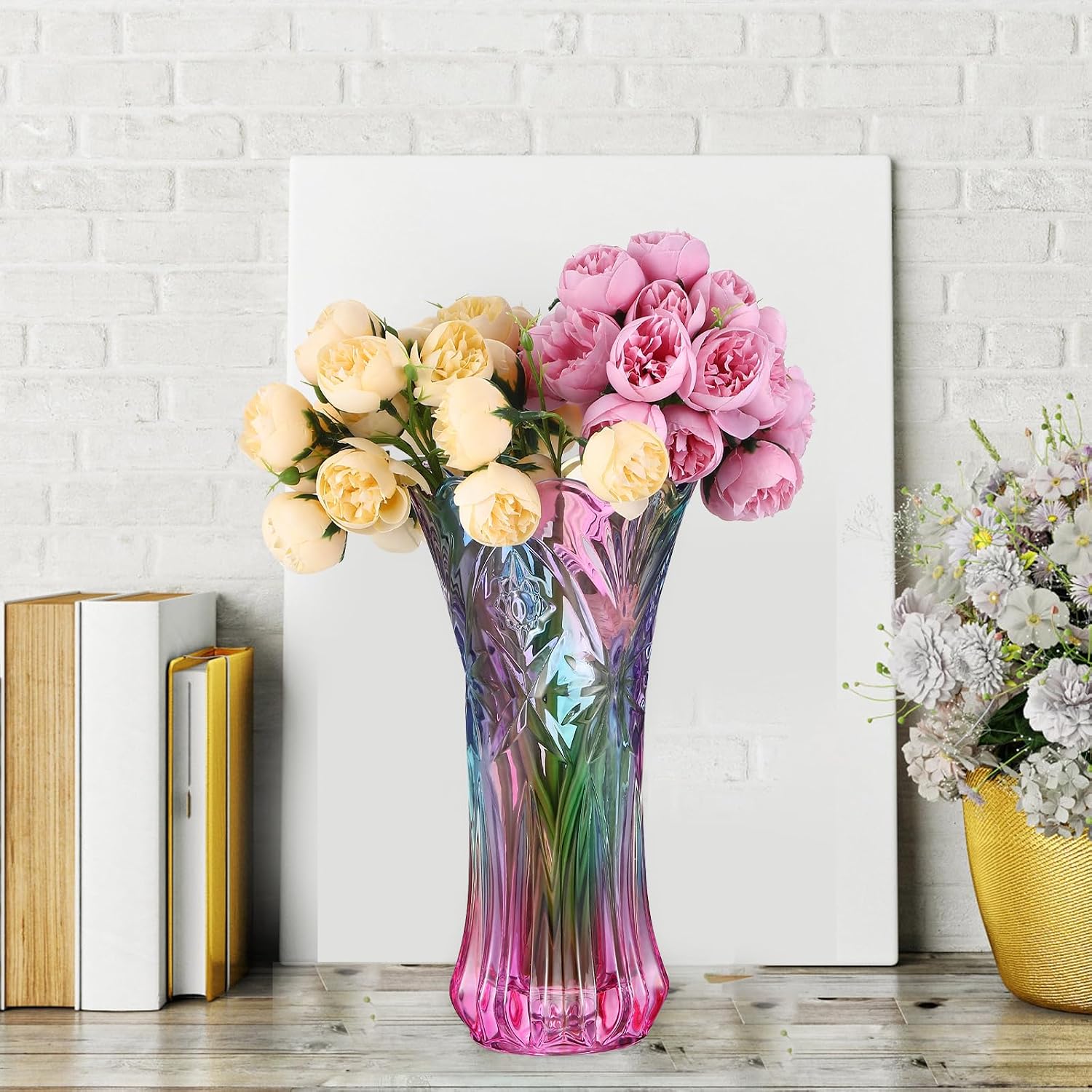 Rainbow Glass Vase Wide Mouth Glass Colorful Vase for Bookshelf Dinner Table Indoor Office Desktop Meeting Room Bathroom Countertop Iridescent