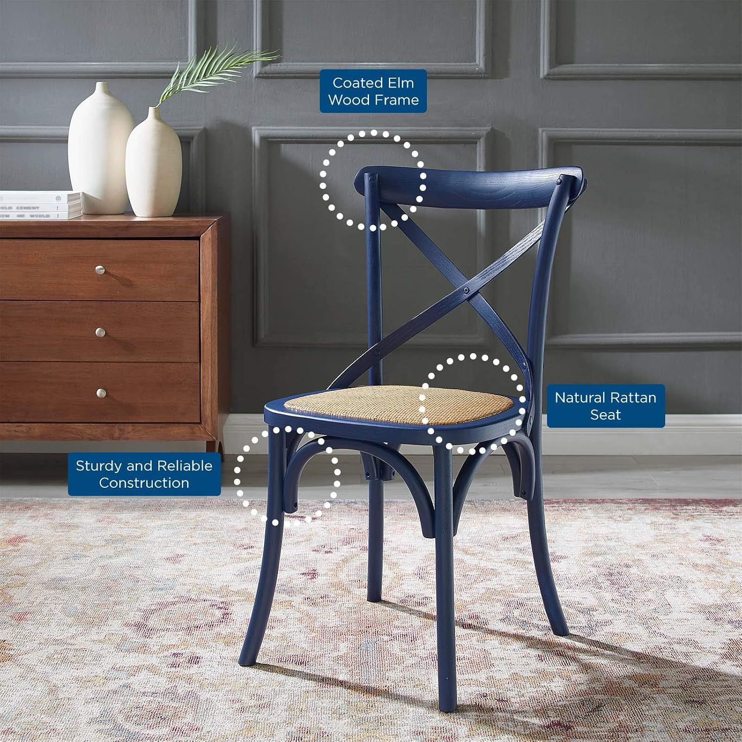 Modway Gear Rustic Modern Farmhouse Elm Wood Rattan Dining Chair in Gray
