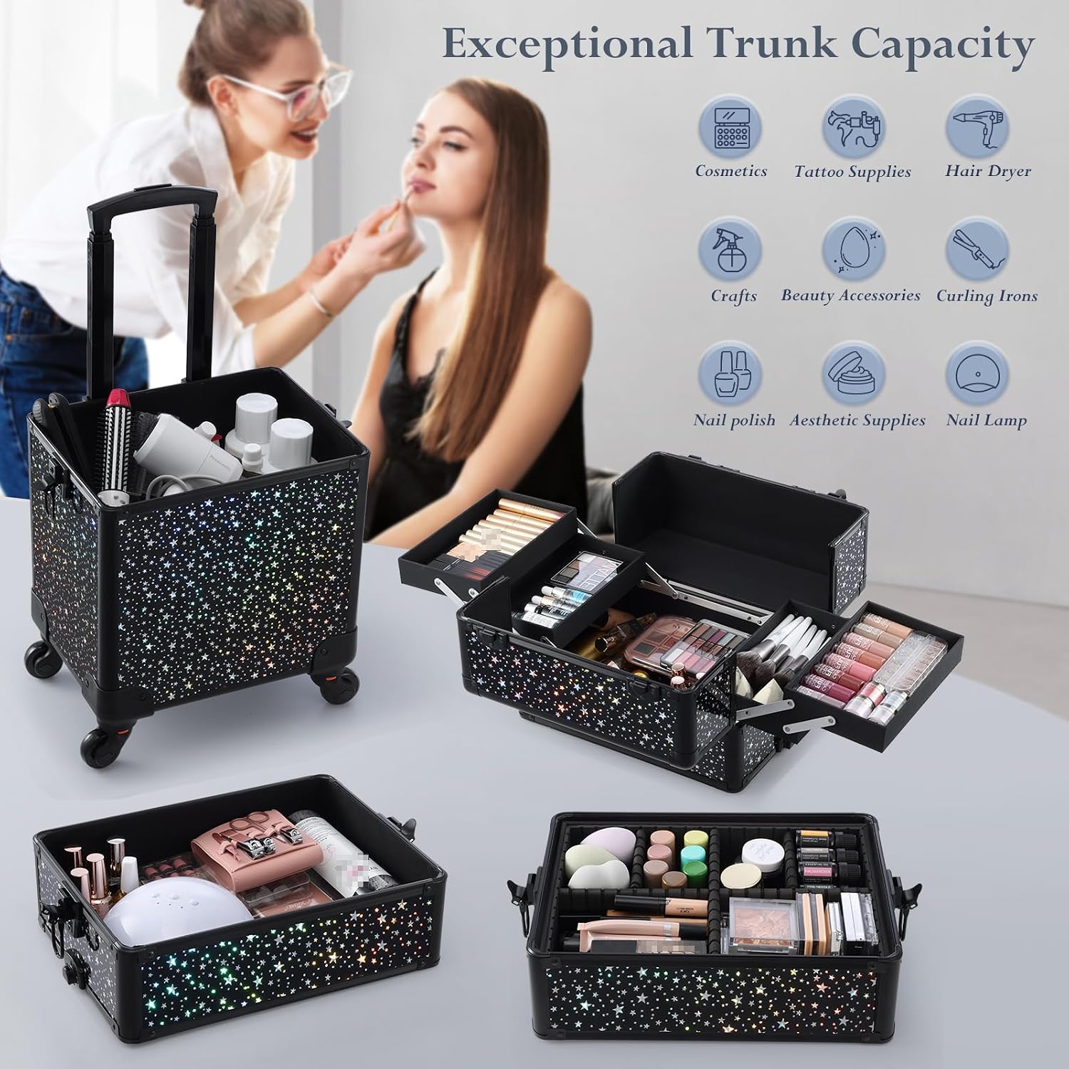 Stagiant Rolling Makeup Case Cosmetology Case on Wheels 4 in 1 Large Cosmetic Organizer Train Case Makeup Travel Case with Key Swivel Wheels Nail
