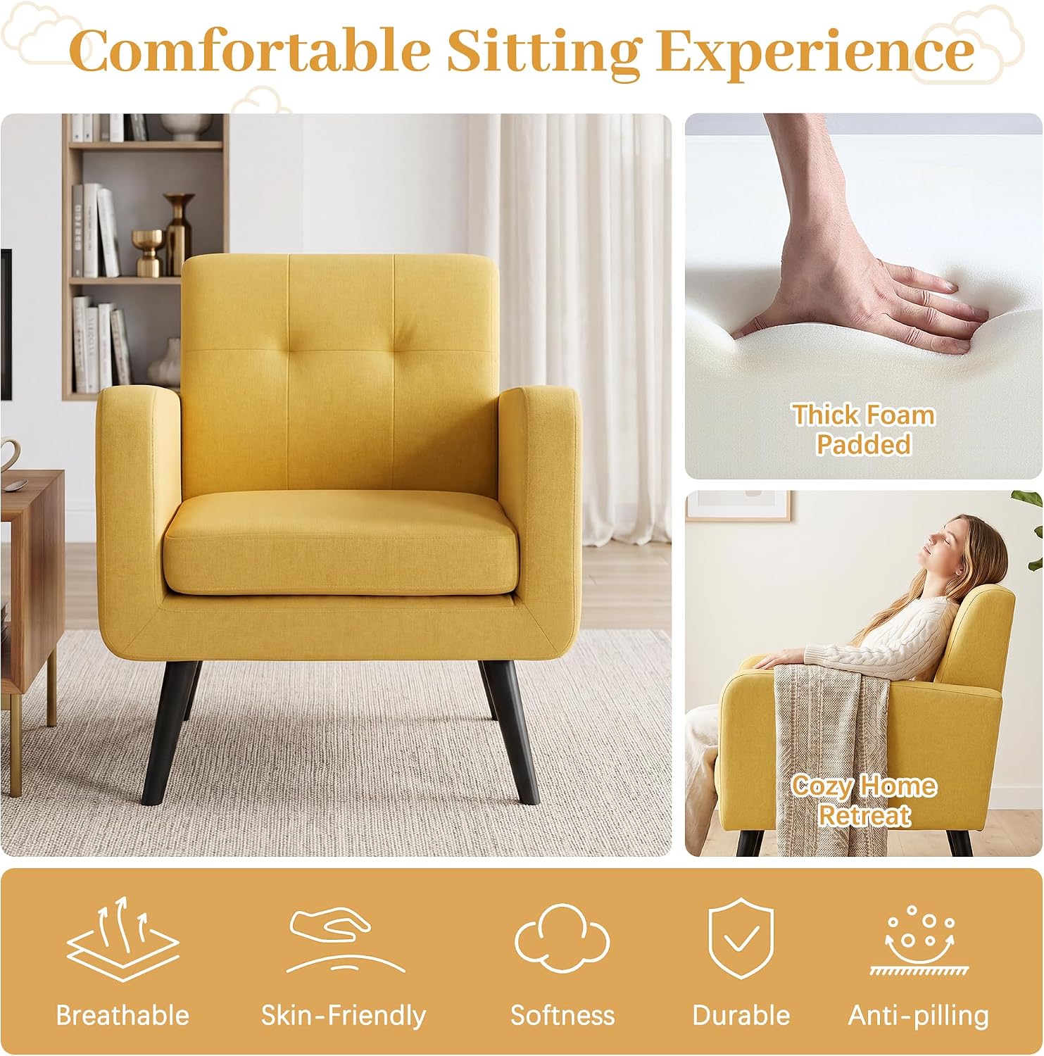 LSSPAID Modern Accent Chairs, Upholstered Fabric Cozy Armchairs, Living Room Side Chair with Solid Wood Legs, Blue