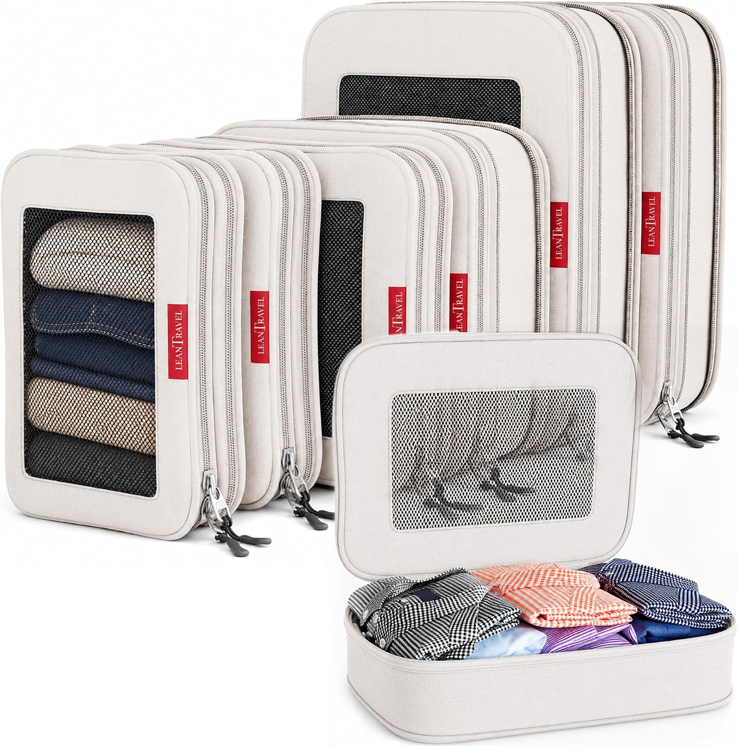 LeanTravel Premium Compression Packing Cubes for Travel - Suitcase Organizer Bags with Double Zipper & Breathable Mesh Panel - Space Saving Carry On Luggage Essentials (6-Pack, Grey)