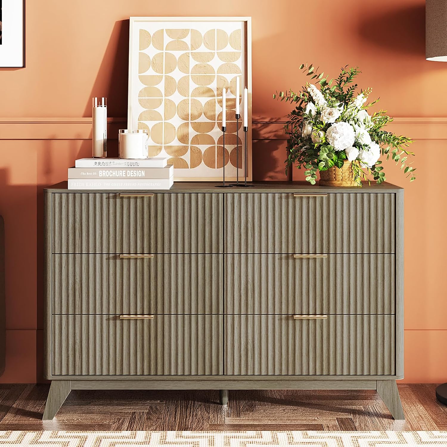 VINGLI Fluted Tall Dresser 5 Drawer, 23.66" W Chest of Drawers Gray Wood Dresser with Rounded Edges, Grey Dressers for Bedroom