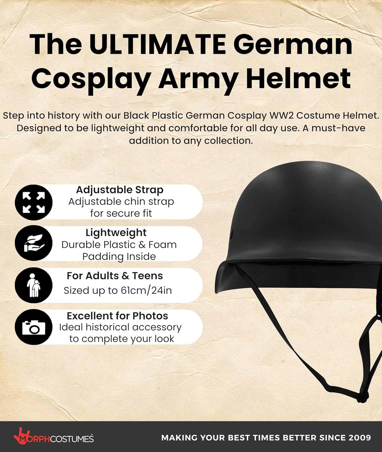 Nicky Bigs Novelties Black German WW2 Helmet, Military Costume Accessory