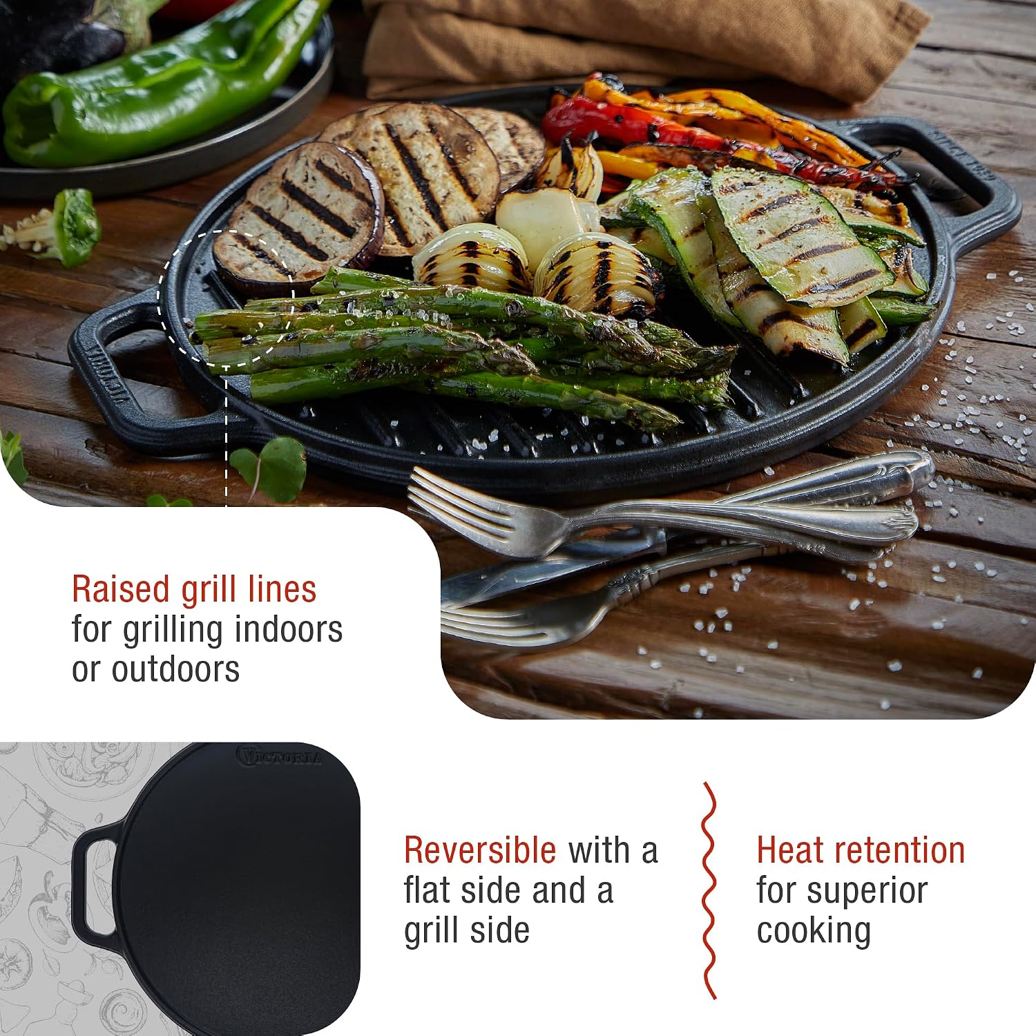 Victoria Rectangular Cast Iron Griddle. Double Burner Griddle, Reversible Grill, 13 x 8.5 Inch, Seasoned with 100% Kosher Certified Non-GMO Flaxseed Oil, Model: GDL-189