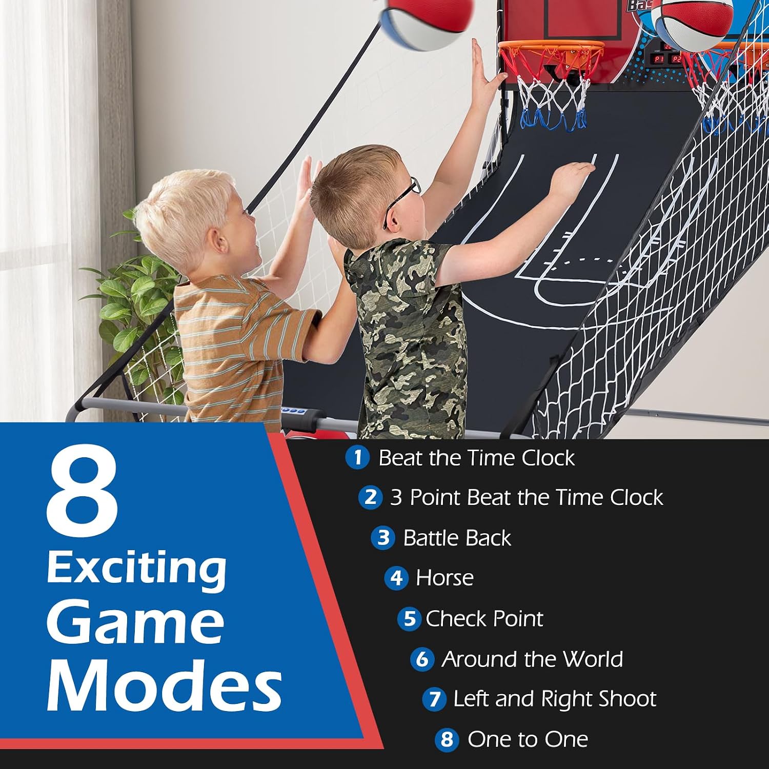 GYMAX Arcade Basketball Game Indoor Foldable with 8 Game Modes, Arcade Sound, 4 Balls and Inflation Pump, Electronic Basketball Games for All Ages Home