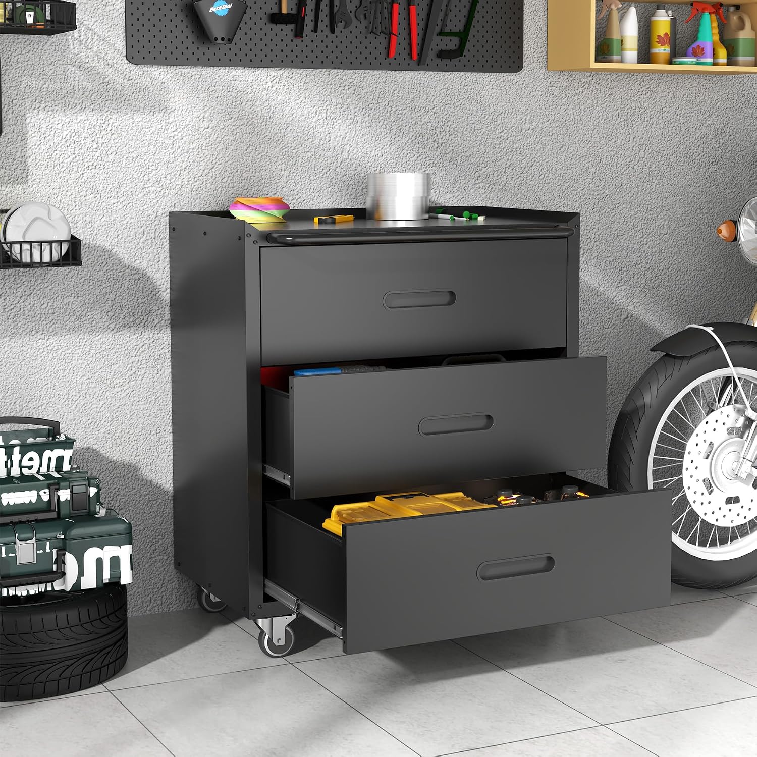 Metal Storage Cabinet for Garage, Tool Cabinet, Utility Cabinet | Wheeled, Rolling Tool Cabinet, 6 Drawers, Top Countertop, Pegboard, Assembly Required, Black