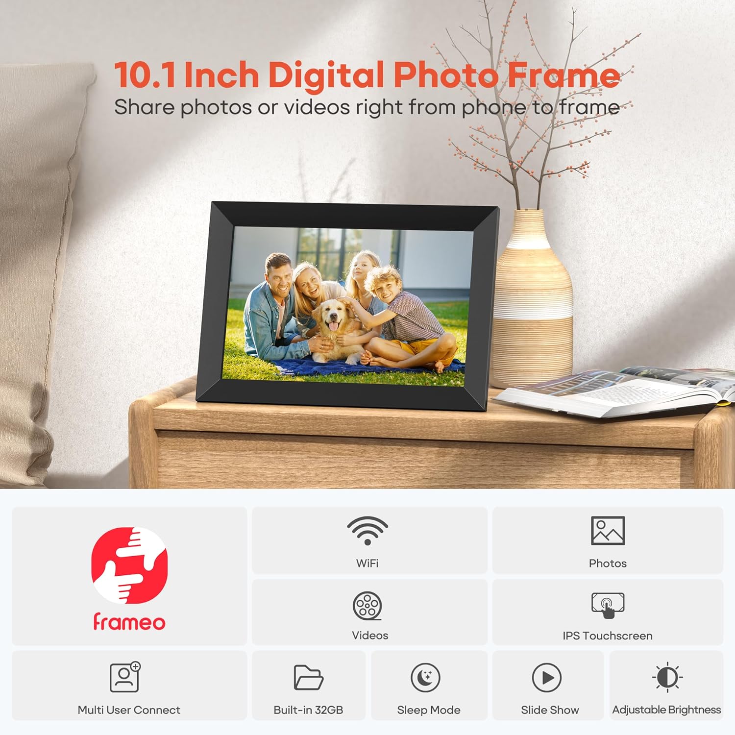 BIGASUO Digital Picture Frame, 10.1" Frameo Digital Frame WiFi with 32GB Memory, 1280x800 IPS Touch Screen