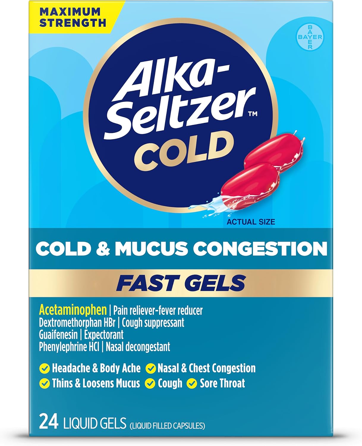 Alka-Seltzer Cold, Cold & Mucus Congestion Max Strength Fast Gels, Medicine, Multi-Symptom Relief, Body Aches and Pains, Congestion Relief
