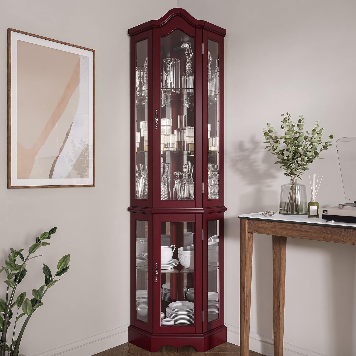 BELLEZE Lighted Corner Display Curved Top Curio Cabinet Wooden Shelving Unit with Tempered Glass Door