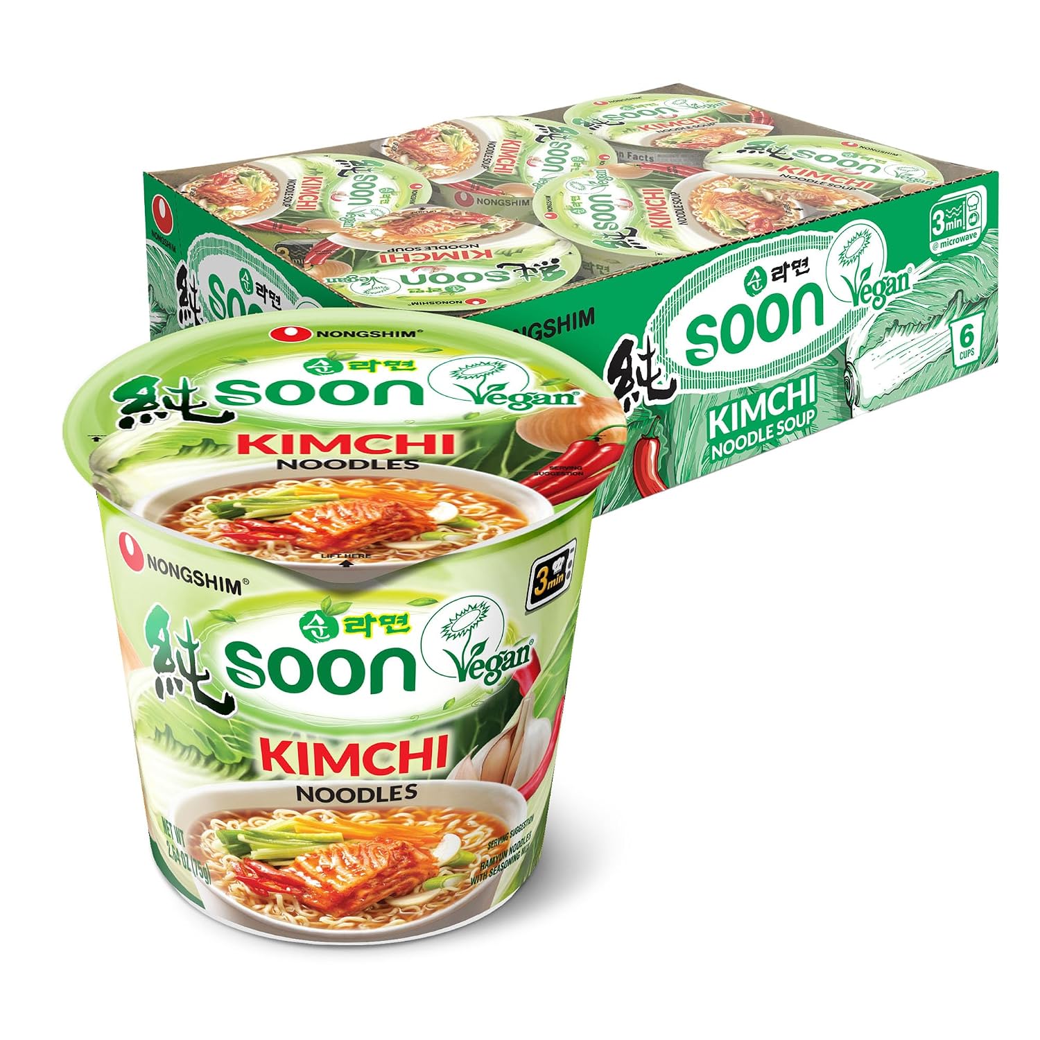 Nongshim Soon Veggie Ramyun Noodles, Signature Korean Instant Ramyun, Vegetable Flavored Broth, Vegan Noodles, Quick & Easy, Microwaveable Cup, 2.64 oz (Pack of 6)